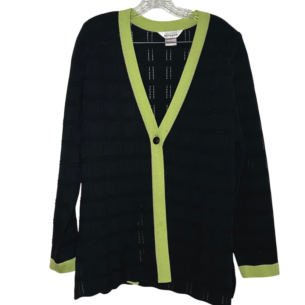 Exclusively Misook Black Knit Cardigan Lime Green Trim Textured Wave Pointelle L